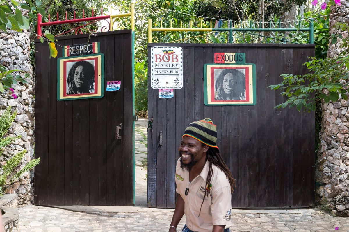 The gated entrance to the Bob Marley Mausoleum in Nine Mile, Jamaica